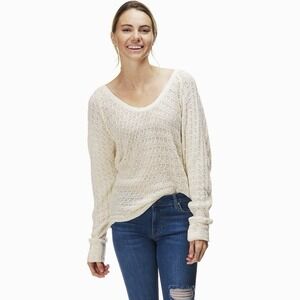 We The Free People Thien Hacci Ivory Textured Knit Fringe V-Neck Oversized Small